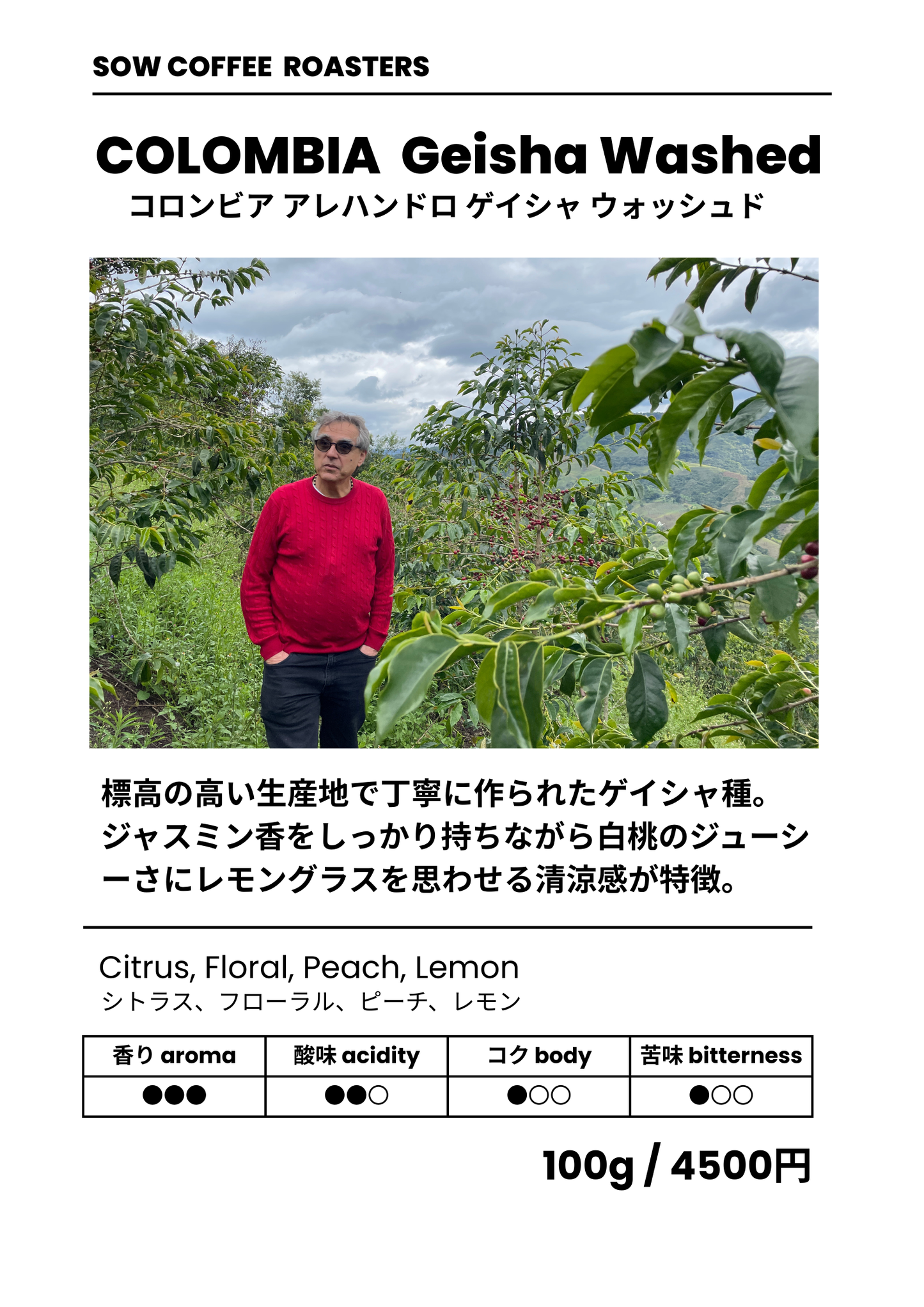 ALEJANDRO GEISHA WASHED アレハンドロ ゲイシャ ウォッシュド コロンビア 浅煎り 100g(税込)